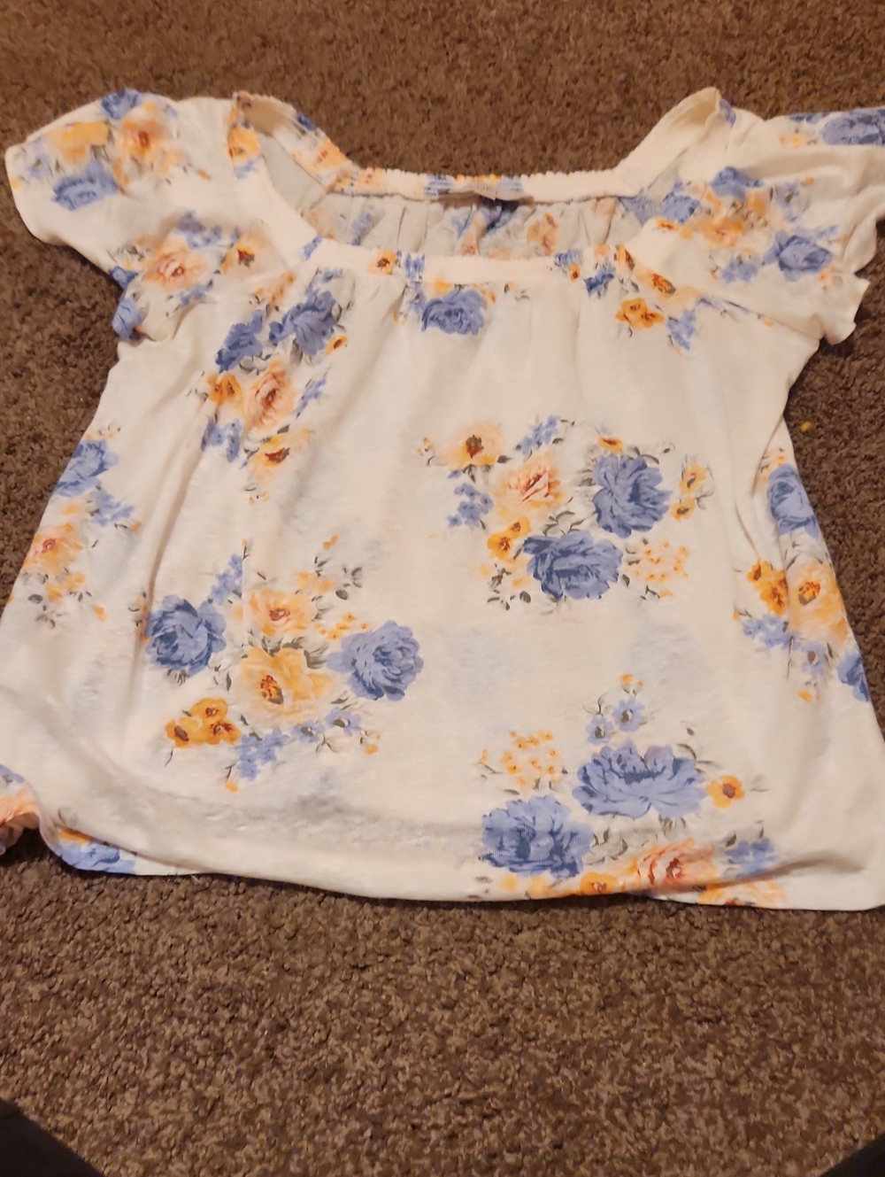 LOFT White Floral Off-Shoulder Top with Blue & Yellow Roses